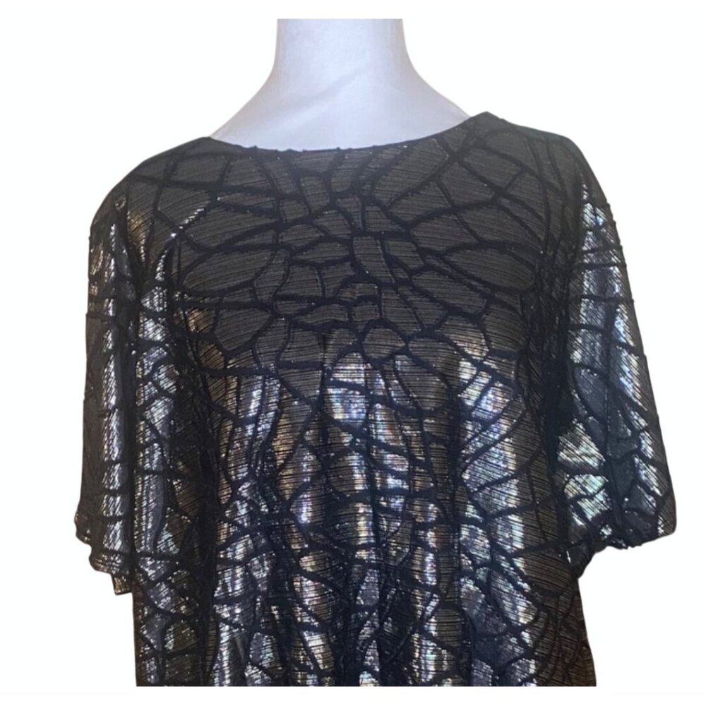 Alfani Metallic Black & Silver Top 3X Short Sleeve Holiday Party Celebration‎